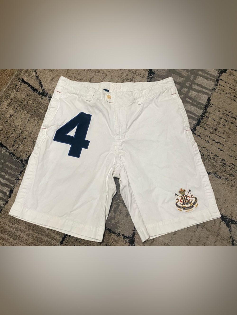 Vintage Polo Ralph Lauren Mercer Club "Number 4" white chino shorts.